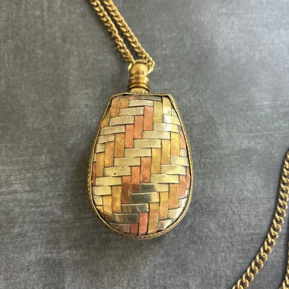 Vintage Perfume Bottle Necklace Pendant Chatelaine Woven Mixed Metal Flask 1.6oz